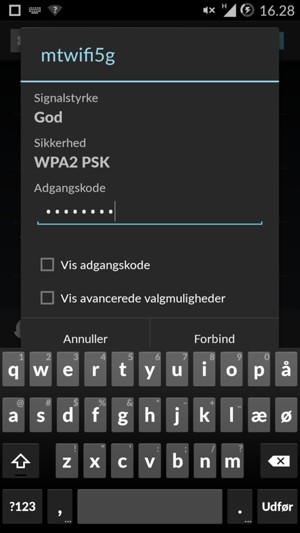 Indtast Wi-Fi adgangskoden og vælg Forbind