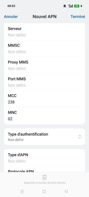 Faites défiler vers le bas et saisissez les informations Internet