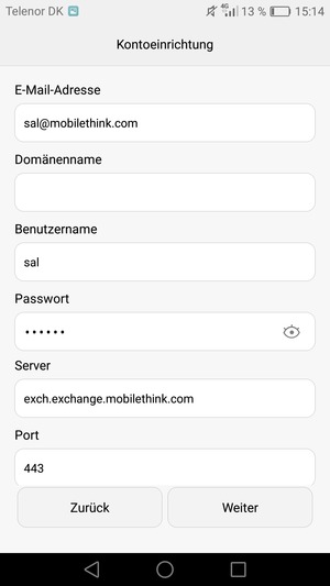 Geben Sie die Exchange-Server-Adresse ein und wählen Sie Weiter