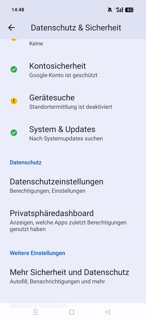Scrollen Sie und wählen Sie Mehr Sicherheit und Datenschutz