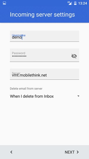 Enter Username and Incoming server address. Select NEXT