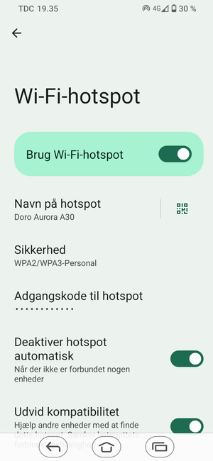 Din telefon er nu sat op til brug som modem
