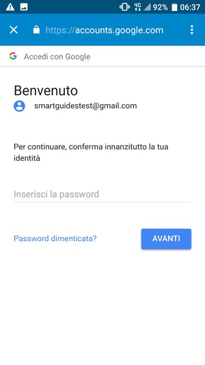 Inserisci la tua password e seleziona AVANTI