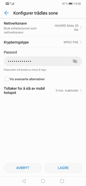 Skriv inn et Wi-Fi hotspot-passord på minst 8 tegn og velg LAGRE