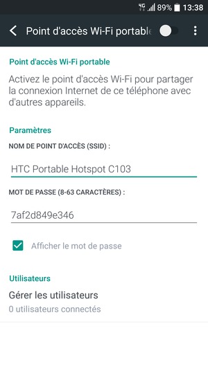 Saisissez un mot de passe d'au moins 8 caractères et activez Point d'accès Wi-Fi portable