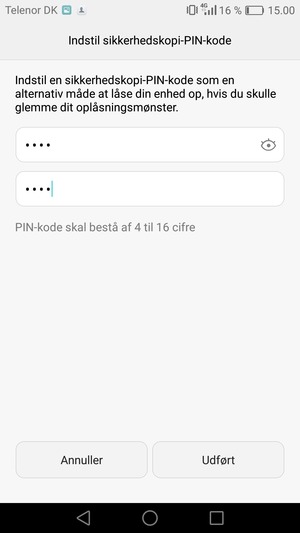 Indtast din Sikkerhedskopi-PIN-kode to gange og vælg Udført