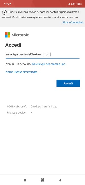 Inserisci il tuo indirizzo Hotmail e seleziona Avanti