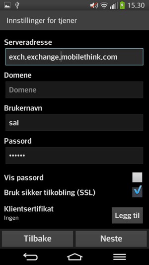 Skriv inn Exchange serveradresse og Brukernavn. Velg Neste