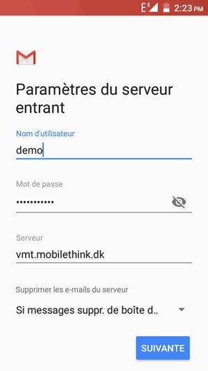 Saisissez votre Nom d'utilisateur et l'adresse du serveur entrant. Sélectionnez SUIVANTE