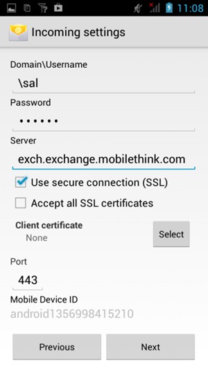 Enter Username and Exchange server address. Select Next