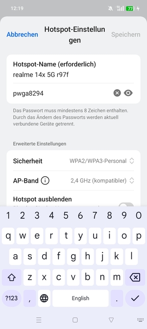 Geben Sie eine WLAN-Hotspot-Passwort mit mindestens 8 Zeichen ein und wählen Sie Speichern
