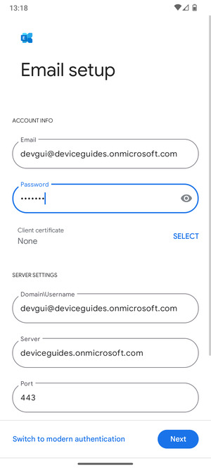 Enter Username and Exchange server address. Select Next