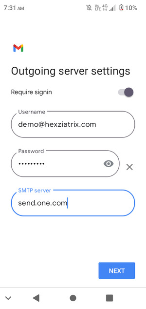 Enter Outgoing server address and select NEXT