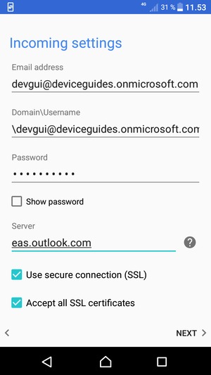 Enter Username and Exchange server address. Select NEXT
