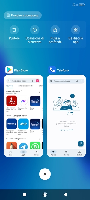 Seleziona l'icona Elimina per chiudere tutte le applicazioni in esecuzione