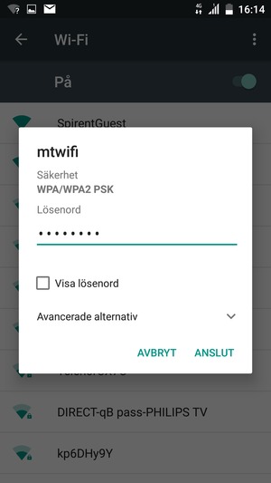 Ange lösenord till Wi-Fi och välj ANSLUT