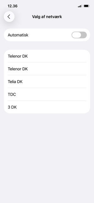Vælg en netværksudbyder fra listen