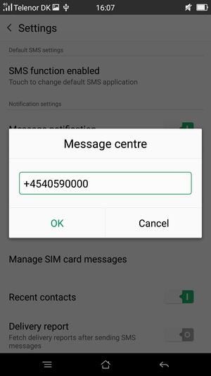 Enter the SMS Service Centre number and select OK