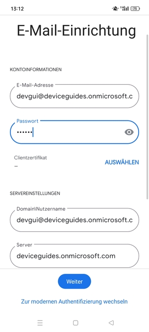 Geben Sie Benutzername und Exchange Server-Adresse ein. Wählen Sie Weiter