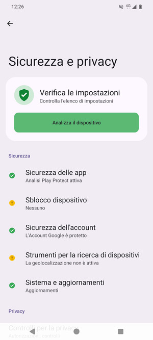 Per attivare il blocco dello schermo, vai al menu Sicurezza e privacy e seleziona Sblocco dispositivo