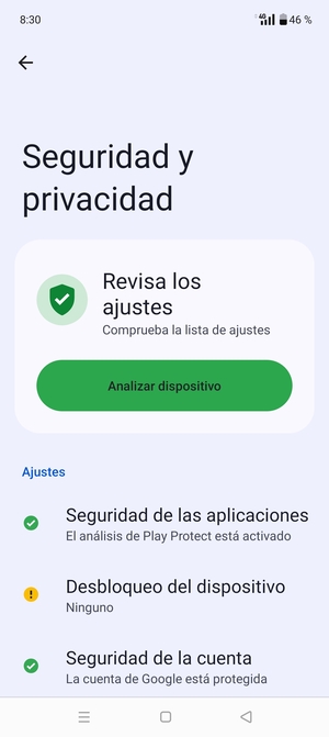 Para activar su bloqueo de pantalla, vaya al menú Seguridad y privacidad y seleccione Desbloqueo del dispositivo