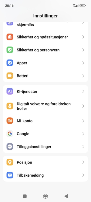 Gå tilbake til Innstillinger-menyen og velg Tilleggsinnstillinger