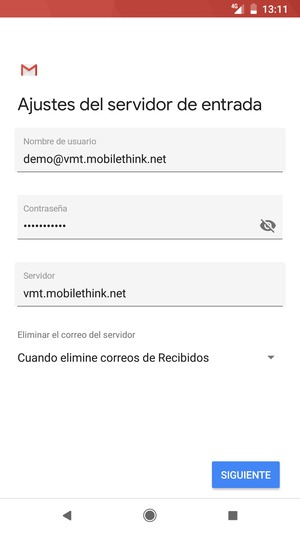 Introduzca Nombre de usuario y la dirección de servidor entrante. Seleccione SIGUIENTE