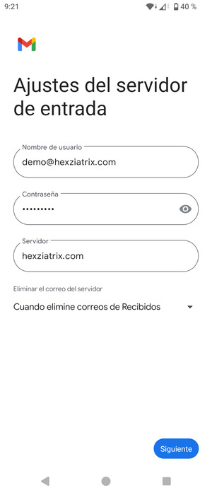 Introduzca Nombre de usuario y la dirección de servidor entrante. Seleccione Siguiente