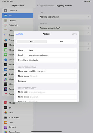 Seleziona POP o IMAP e inserisci le informazioni email per SERVER POSTA IN ARRIVO