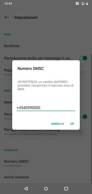 Inserisci Numero SMSC e seleziona OK