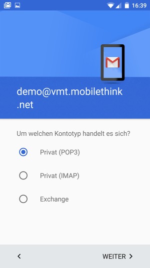Wählen Sie Privat  (POP3) oder Privat (IMAP) und wählen Sie WEITER
