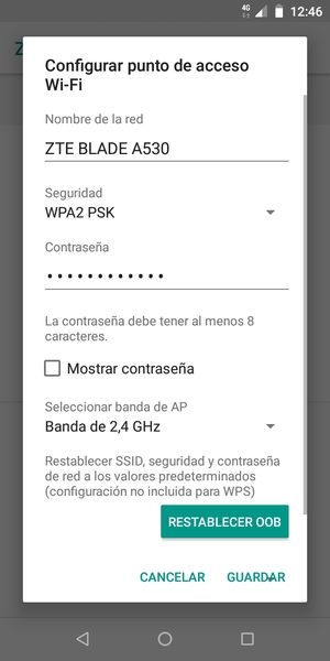 Introduzca una contraseña de punto de acceso Wi-Fi de al menos 8 caracteres y seleccione GUARDAR