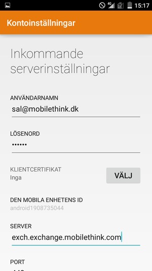 Ange Användarnamn och Exchange serveradress