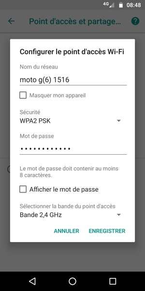 Saisissez un mot de passe de hotspot Wi-Fi d'au moins 8 caractères et sélectionnez SAVE