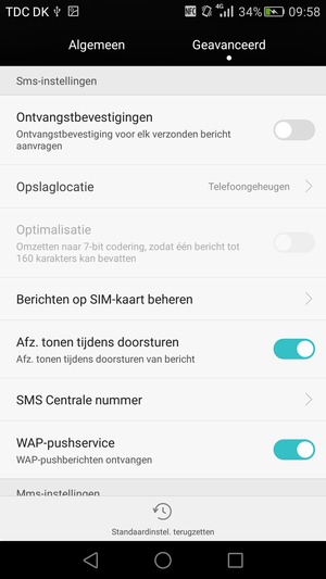 Scroll naar en selecteer SMS Centrale nummer