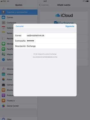Introduzca su Información de correo electrónico Exchange y seleccione Siguiente