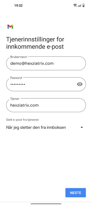 Skriv inn Brukernavn og innkommende serveradresse. Velg NESTE