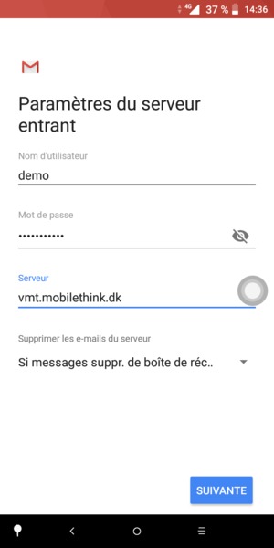 Saisissez votre Nom d'utilisateur et l'adresse du serveur Entrant. Sélectionnez SUIVANTE