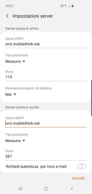 Disattiva Richiedi autenticaz. per invio e-mail e seleziona Accedi