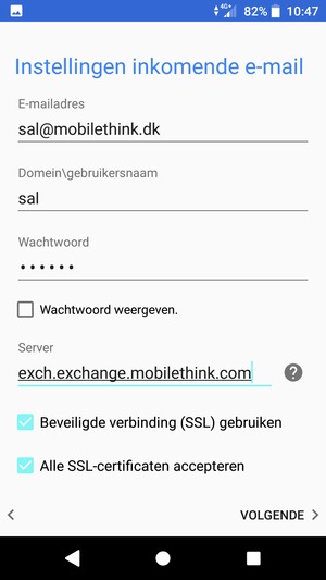 Voer Gebruikersnaam en Exchange serveradres in. Selecteer VOLGENDE