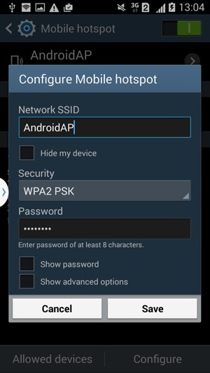Enter a Wi-Fi hotspot password of at least 8 characters and select Save