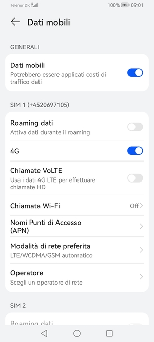 Scorri fino a SIM 1 o SIM 2 e seleziona Nomi Punti di Accesso (APN)