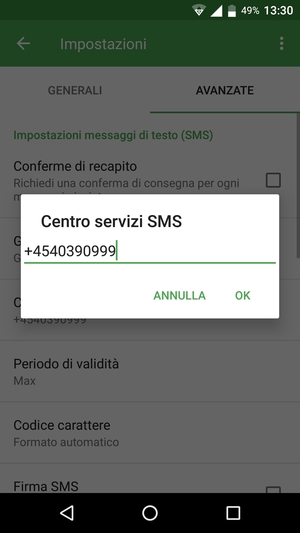 Inserisci il numero di Centro servizi SMS e seleziona OK