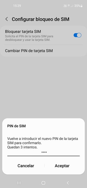 Confirme su nuevo PIN de la tarjeta SIM y seleccione Aceptar