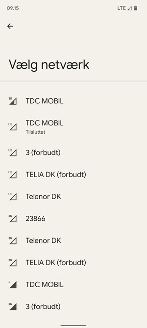Vælg en netværksudbyder fra listen