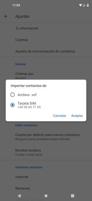 Seleccione Tarjeta SIM y Aceptar