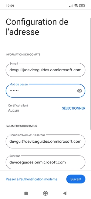 Saisissez votre Nom d'utilisateur et l'adresse du serveur Exchange. Sélectionnez Suivant