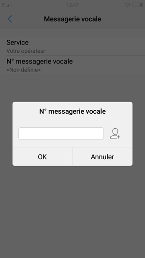 Saisissez le N° messagerie vocale et sélectionnez OK