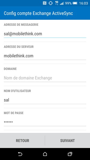 Saisissez l'adresse du serveur Exchange et le Nom d'utilisateur. Sélectionnez SUIVANT