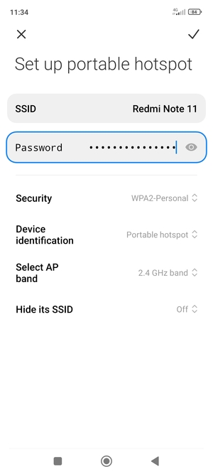 Enter a Wi-Fi hotspot password of at least 8 characters and select SAVE